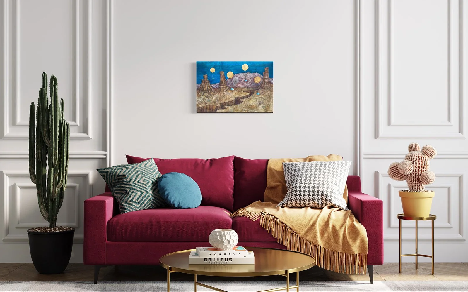 surreal desert landscape with tall rocky formations and a deep canyon. Four large golden balloons float in the sky, each tethered to a blue snail below. textured terrain and deep blue sky