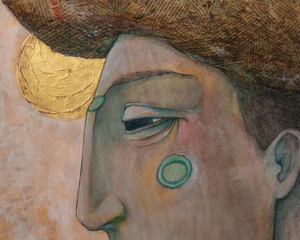A side profile of a person with greenish skin tones, prominent cheek and chin, and high textured brown hair. They have a blue circle on their cheek and a gold crescent shape above the eye