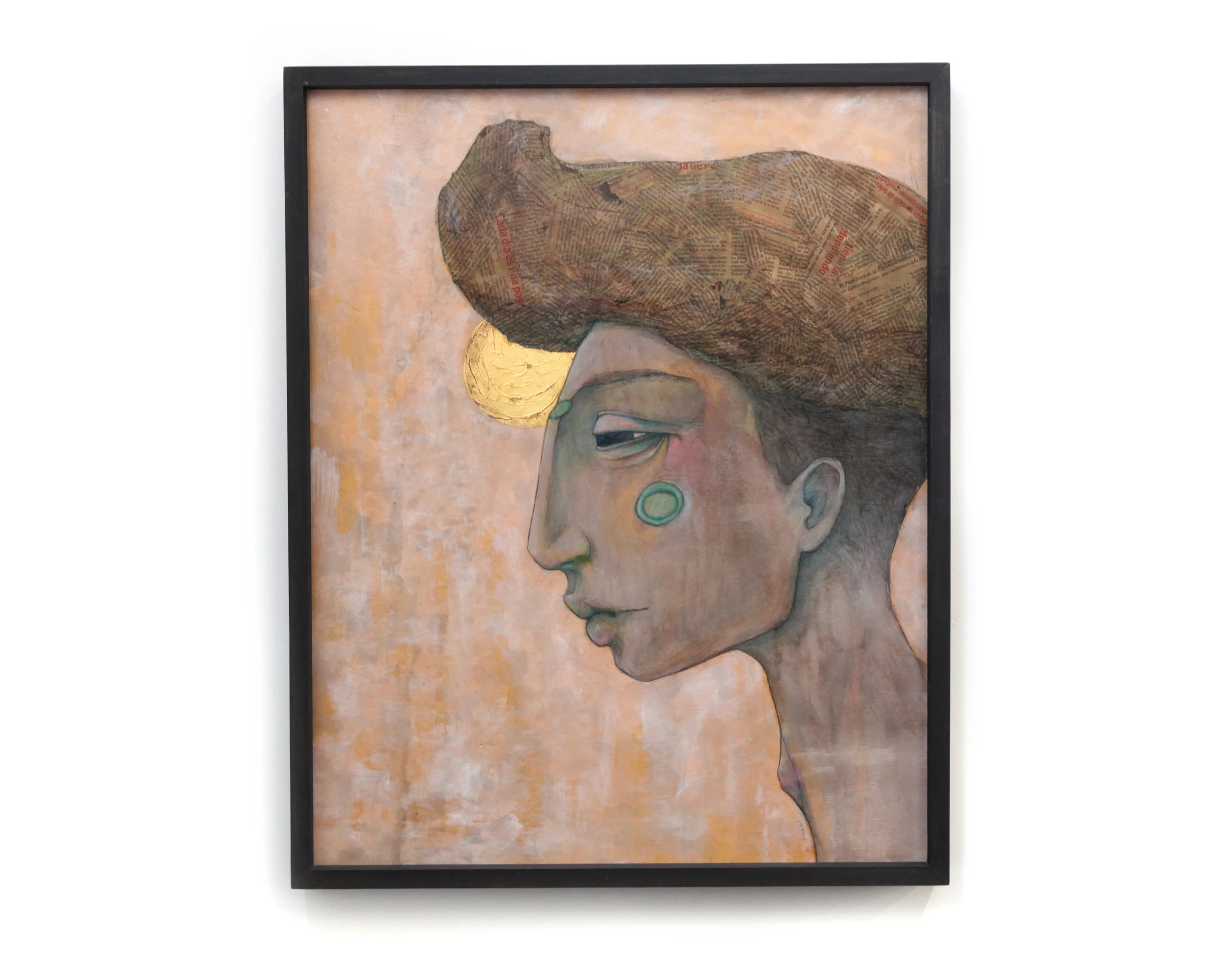 A side profile of a person with greenish skin tones, prominent cheek and chin, and high textured brown hair. They have a blue circle on their cheek and a gold crescent shape above the eye
