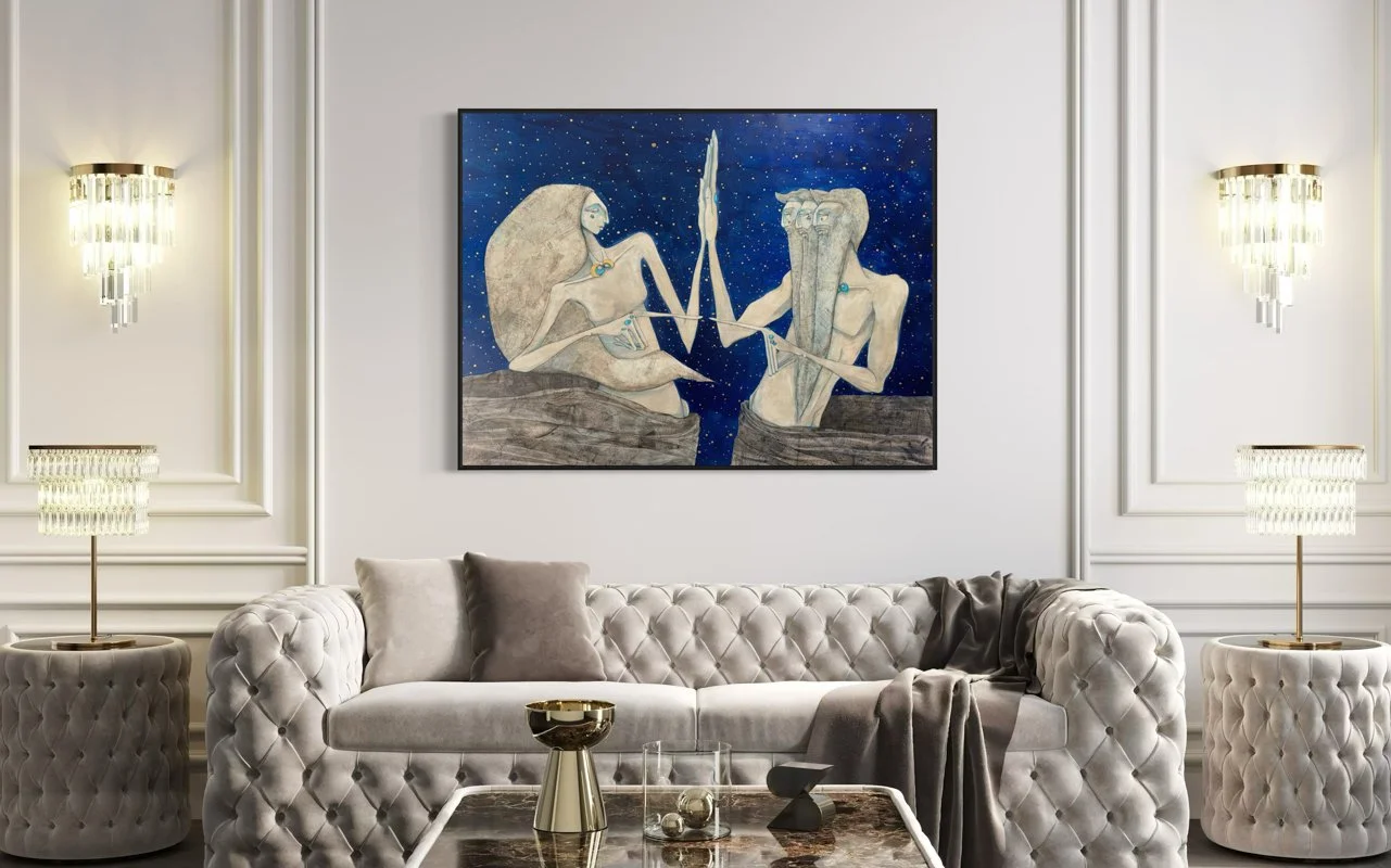 Two elongated figures with blue-white skin and flowing features face each other under a starry night sky. Their long arms meet palms touching, layered by topographic maps and architectural drawings