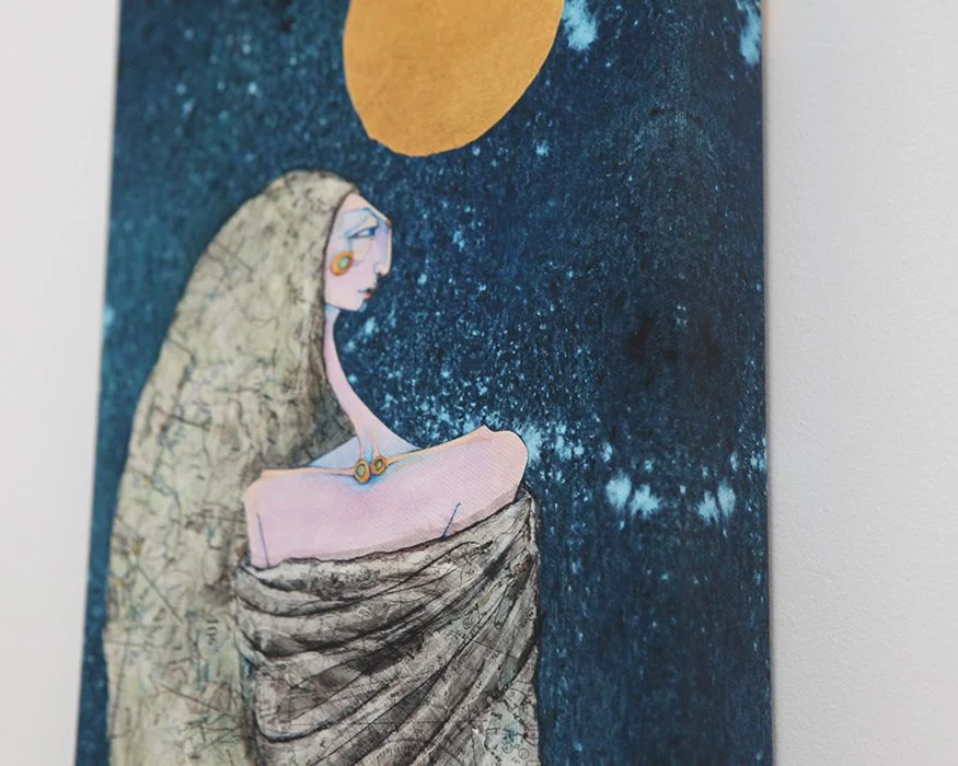 A tall, narrow painting depicts a woman in flowing, layered robes. She stands sideways, gazing at a gold moon on a deep blue, starry background; her long garment creates elegant vertical lines