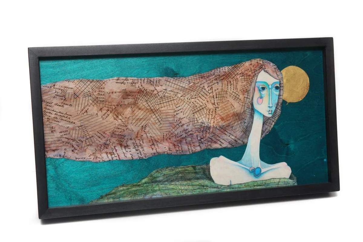 surreal painting of a pale, long-necked woman with blue eyes and pink cheeks. brown hair, collaged with antique teller logs extends horizontally above green forms with a gold circle behind her on teal