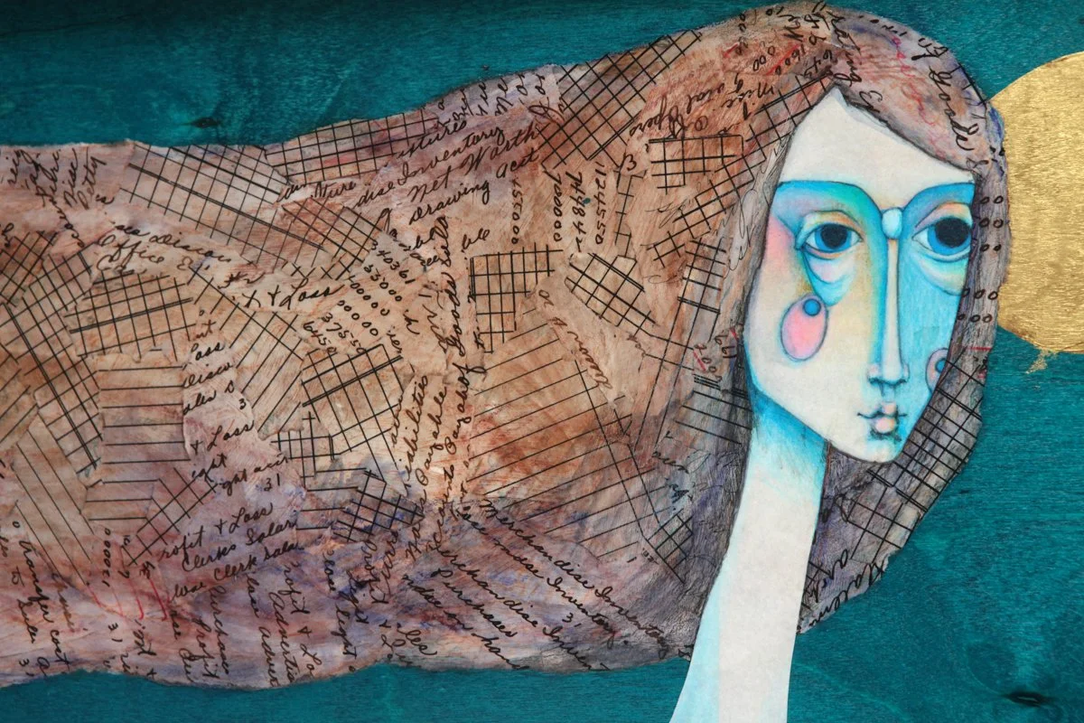 surreal painting of a pale, long-necked woman with blue eyes and pink cheeks. brown hair, collaged with antique teller logs extends horizontally above green forms with a gold circle behind her on teal