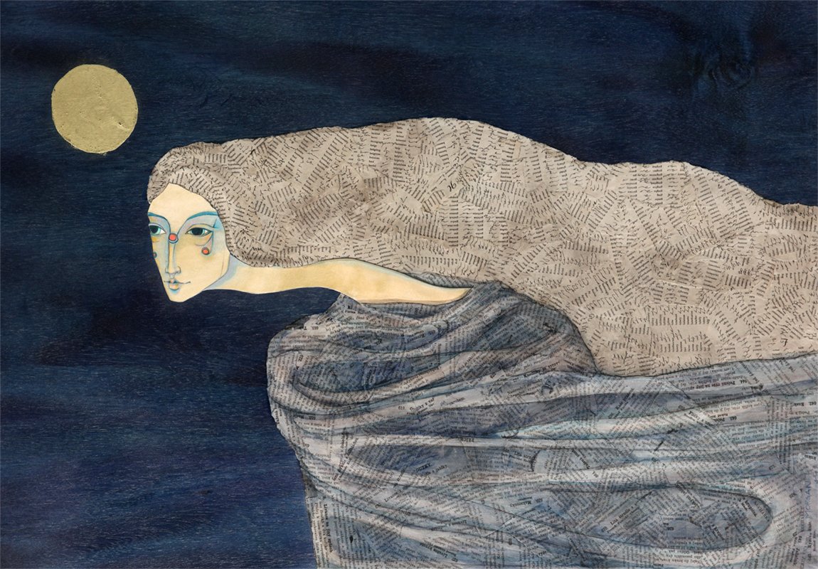 Kate Morgan artwork of a figure wrapped in swirling patterns and flowing textures under a glowing moon