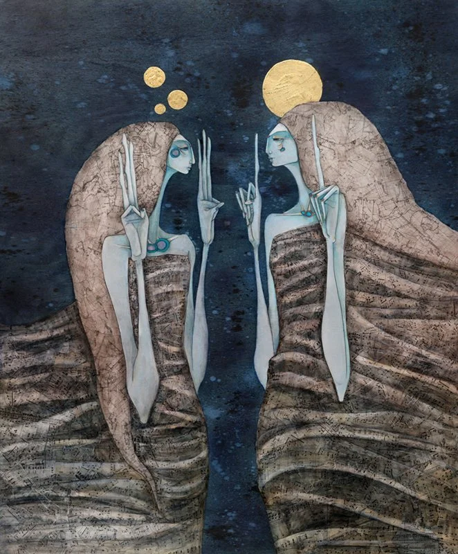 Two tall, slender, blue-skinned figures wrapped in earth-toned cloaks face each other against a dark blue, starry background. Features collaged sheet music & maps layered with ink wash and gold leaf