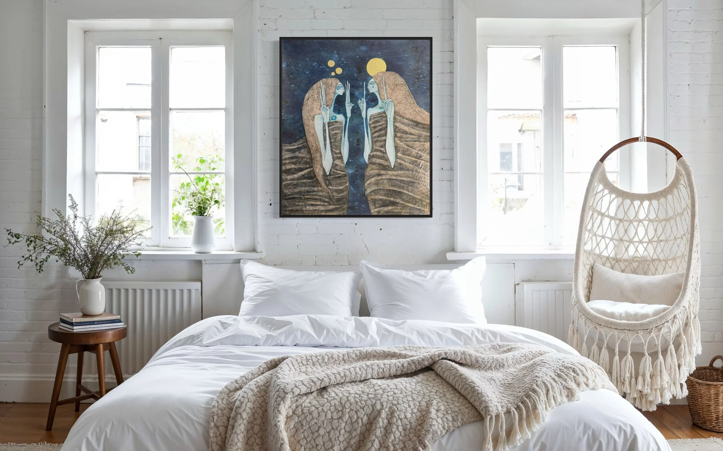 Two tall, slender, blue-skinned figures wrapped in earth-toned cloaks face each other against a dark blue, starry background. Features collaged sheet music & maps layered with ink wash and gold leaf