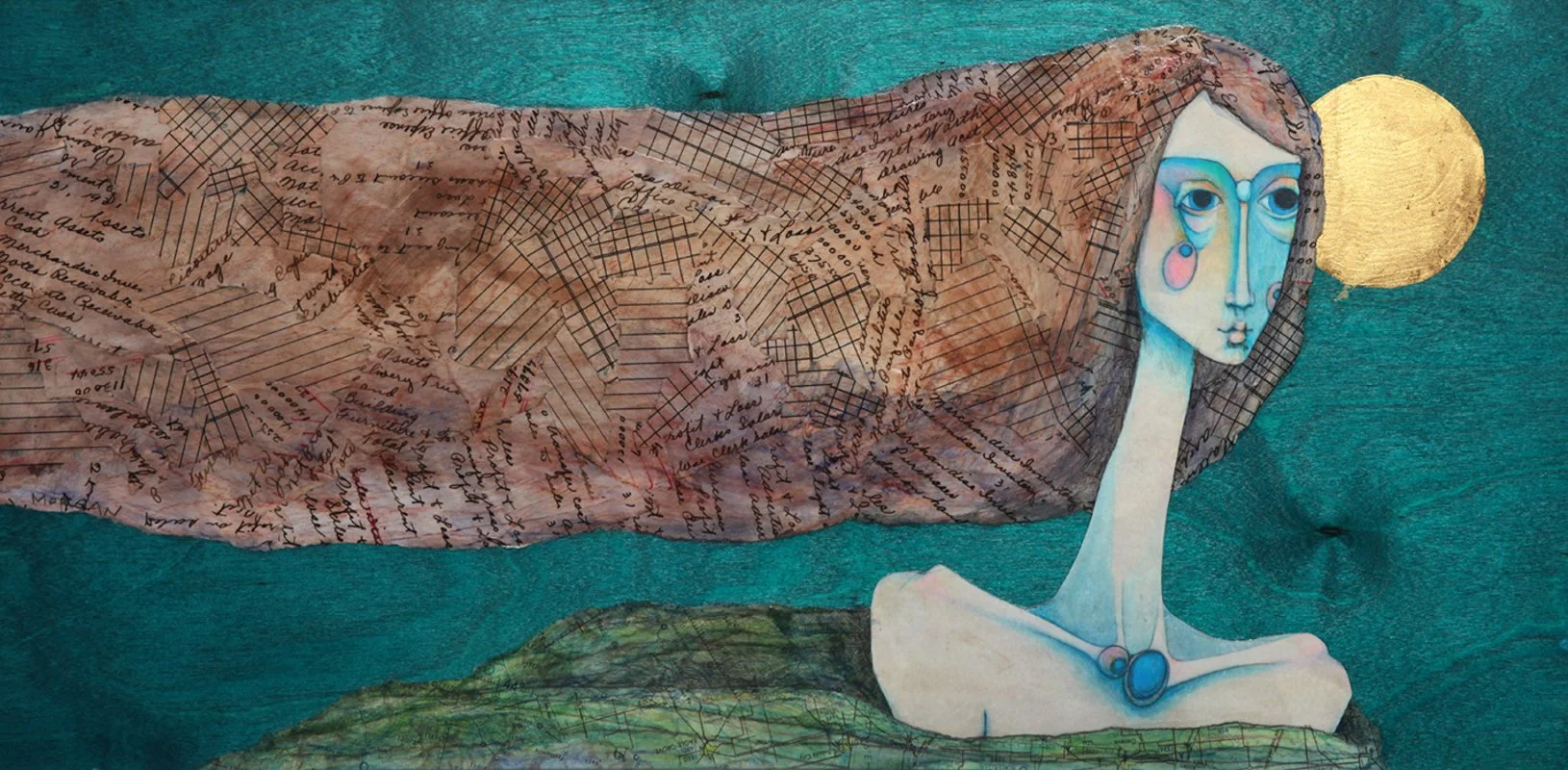 surreal painting of a pale, long-necked woman with blue eyes and pink cheeks. brown hair, collaged with antique teller logs extends horizontally above green forms with a gold circle behind her on teal