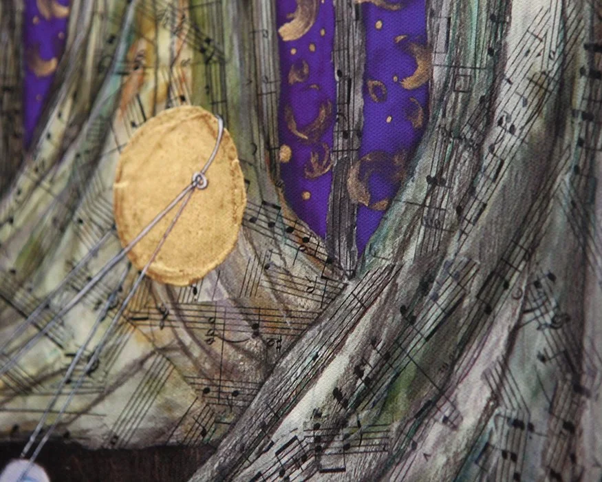 A rectangular canvas giclee depicts three lavender snails crawling on a forest floor. Golden balloons fly amid swirling, textured tree trunks before a deep purple sky with intricate gold leaf details.