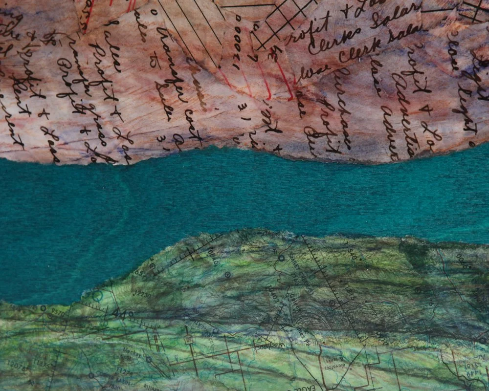 surreal painting of a pale, long-necked woman with blue eyes and pink cheeks. brown hair, collaged with antique teller logs extends horizontally above green forms with a gold circle behind her on teal