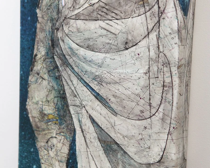 A tall, narrow painting depicts a woman in flowing, layered robes. She stands sideways, gazing at a gold moon on a deep blue, starry background; her long garment creates elegant vertical lines