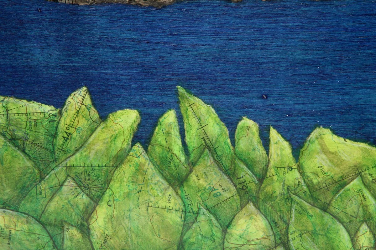 A large golden moon glows in a deep blue sky. Two snails and a green caterpillar rest on a branch above sheet music patterned leaves. Peaceful, whimsical scene using vintage maps layered with ink wash