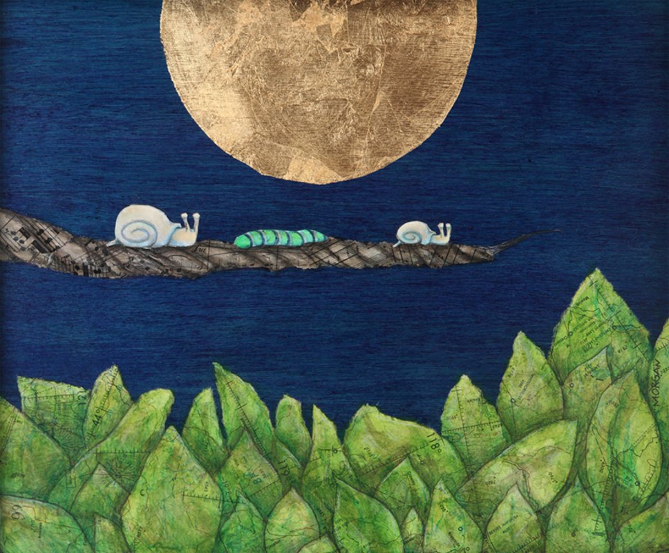 A large golden moon glows in a deep blue sky. Two snails and a green caterpillar rest on a branch above sheet music patterned leaves. Peaceful, whimsical scene using vintage maps layered with ink wash