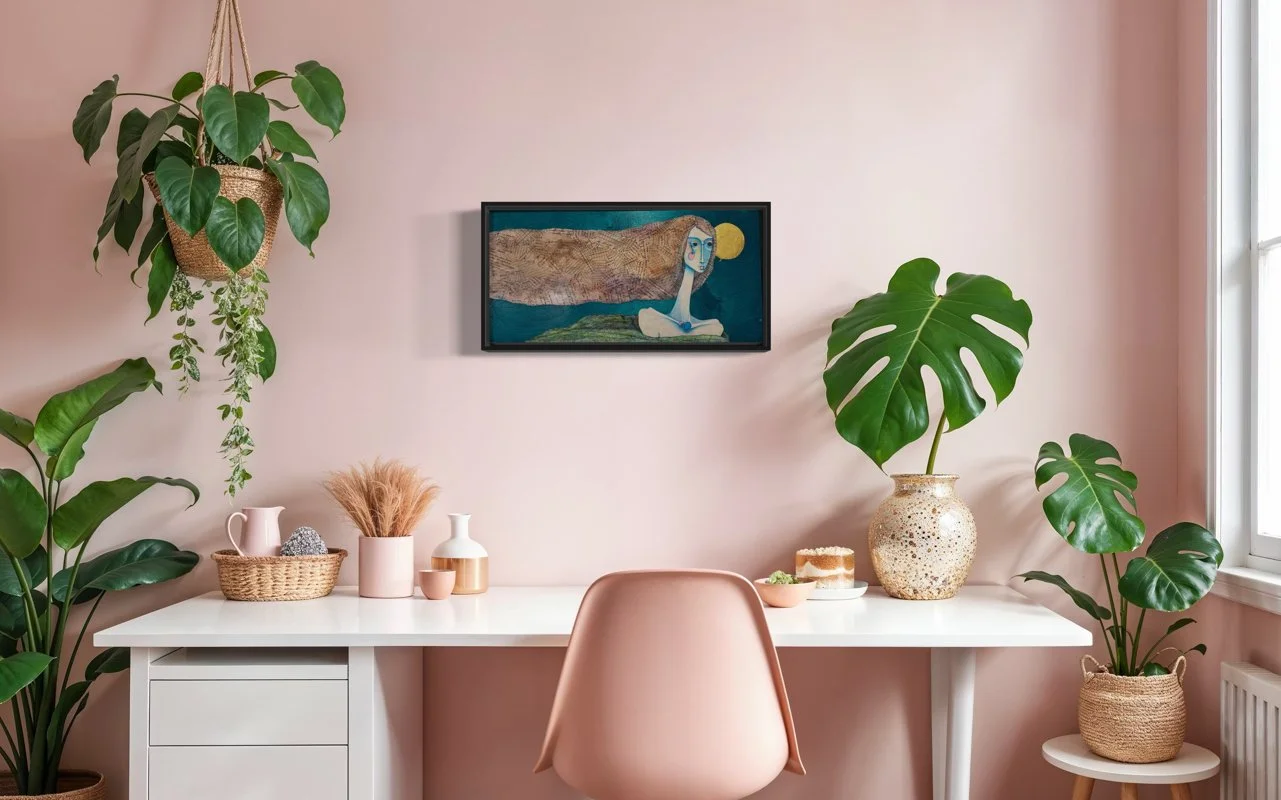 surreal painting of a pale, long-necked woman with blue eyes and pink cheeks. brown hair, collaged with antique teller logs extends horizontally above green forms with a gold circle behind her on teal