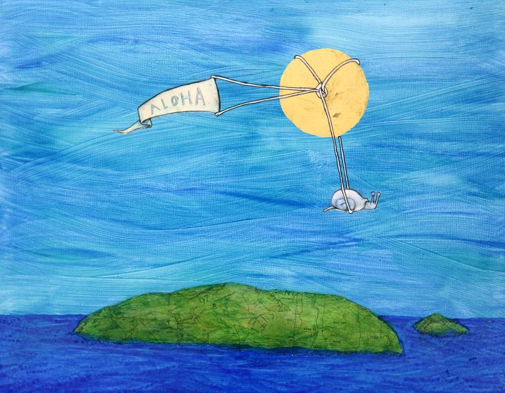 A snail flies in front of a large gold sun, holding a banner that says ALOHA. Below, a green island is surrounded by blue ocean and sky in watercolor, layered collage and ink wash accents
