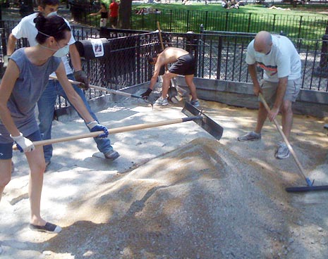 Day 3 & 4: To keep the project moving, volunteers spend their weekend spreading the stone screenings throughout the small dog run