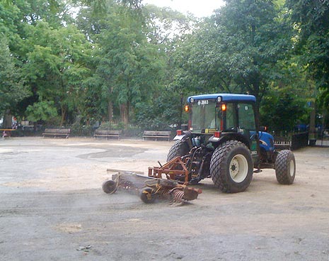 Day 6: Finally the tractor arrives to grade the large run. (Day 5 was spent wrangling officials to get aforementioned tractor)