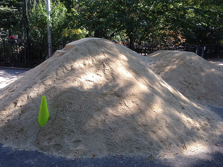 60 tons of Plymouth Brown washed sand arrives and is piled outside the dog park