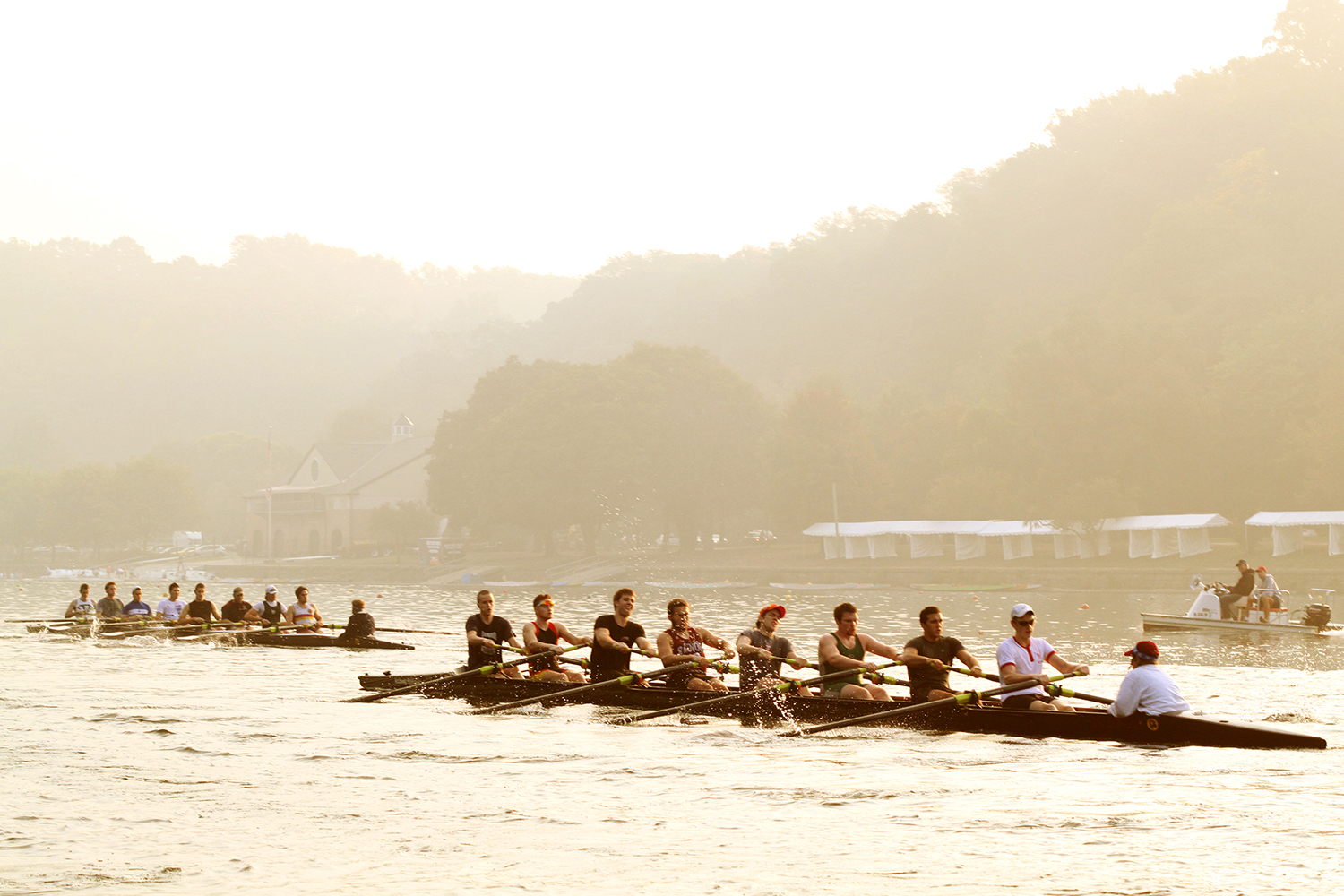 Temple men's crew practices on the Schuylkill River. 