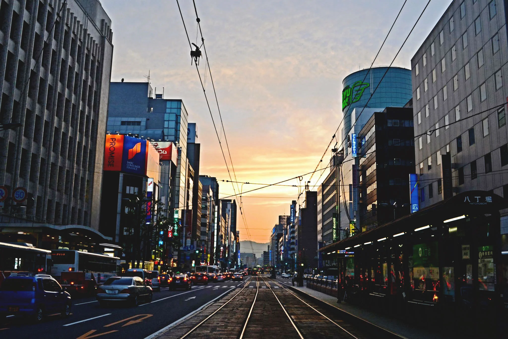 Lightrail tracks at sunset in Hiroshima