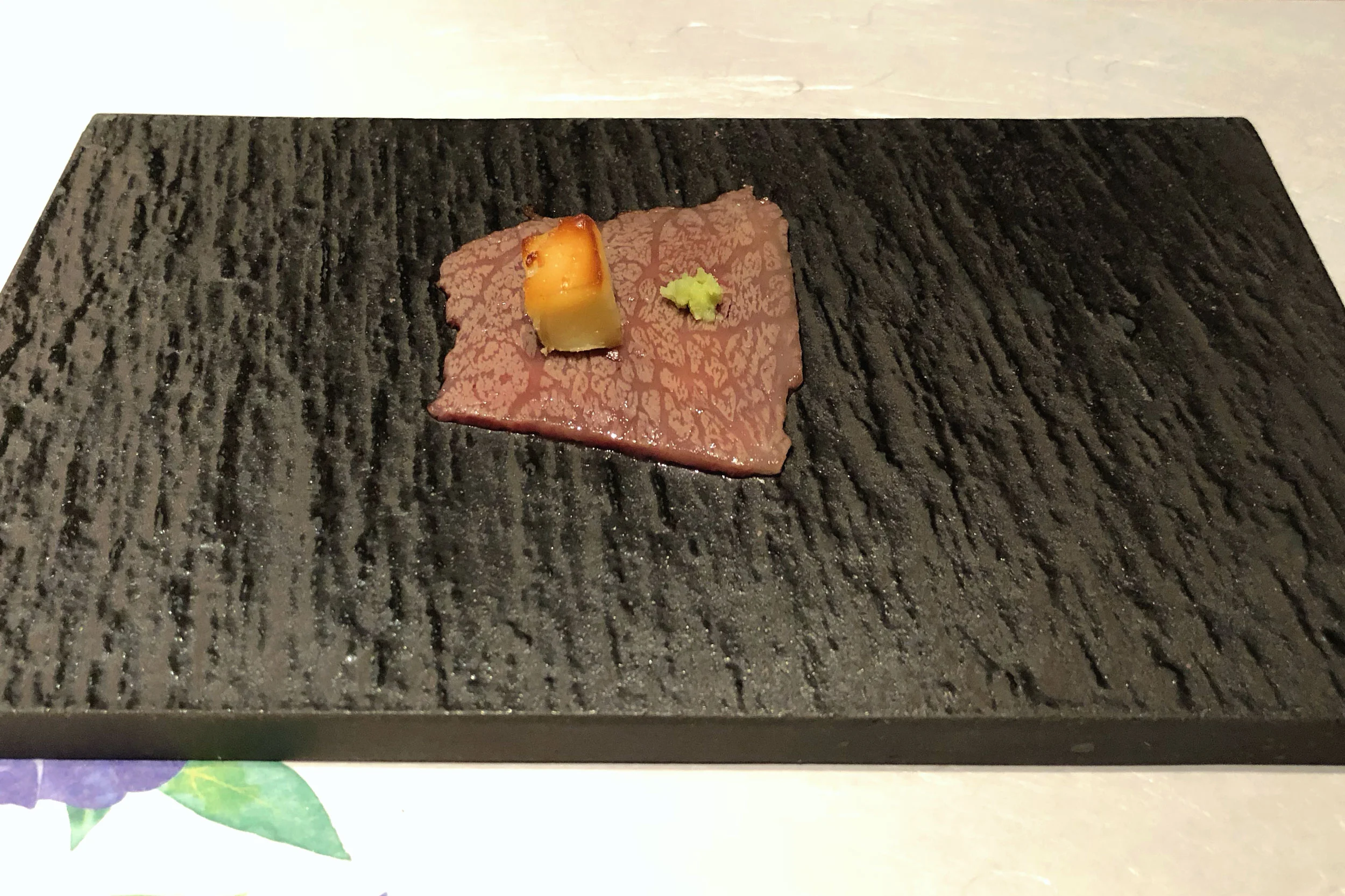 A5 Takanokuni Wagyu with miso pickled cream cheese and wasabi