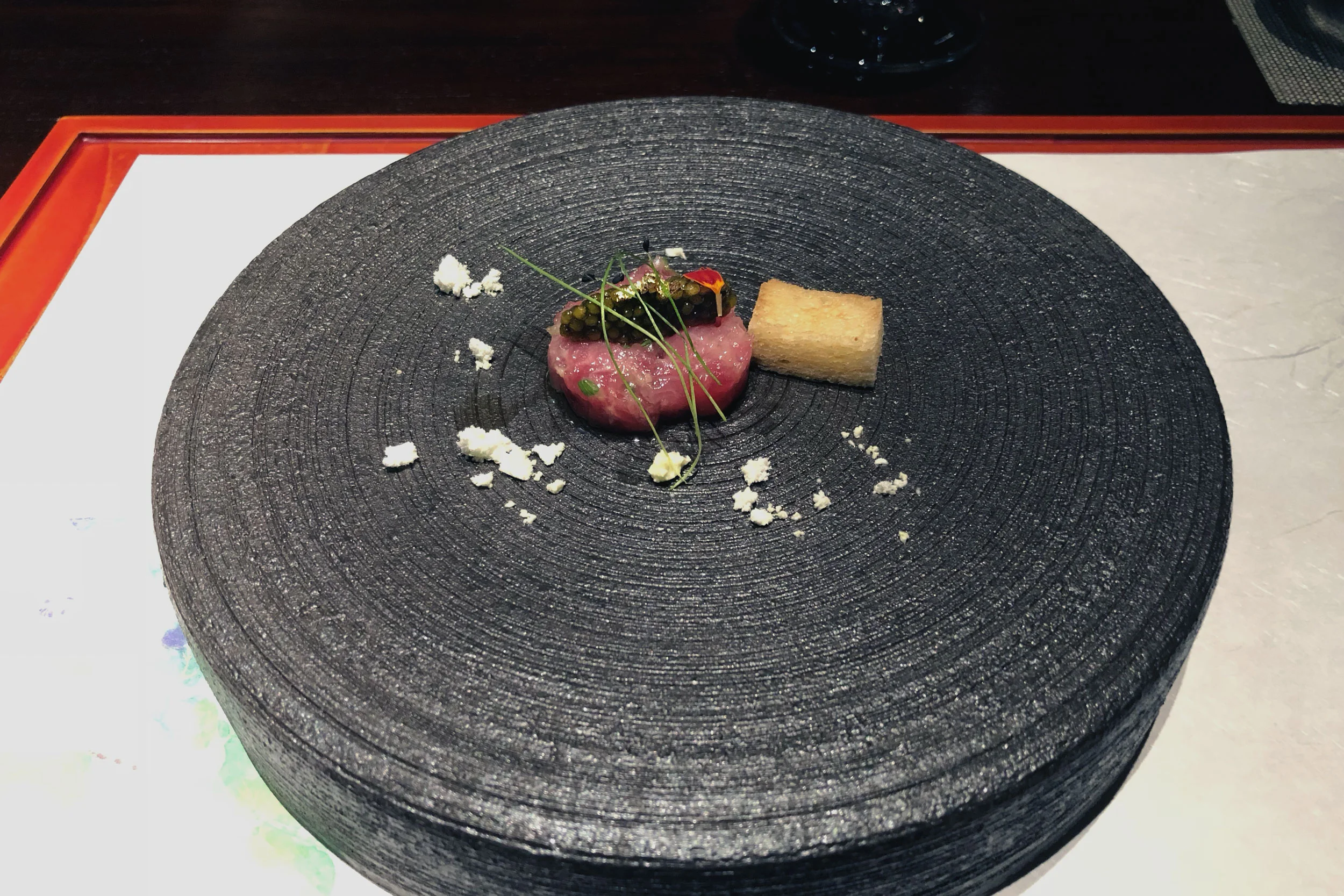 Siberian caviar on ahi (tuna) tartare, basil powder and toast w/ 24k gold leaf