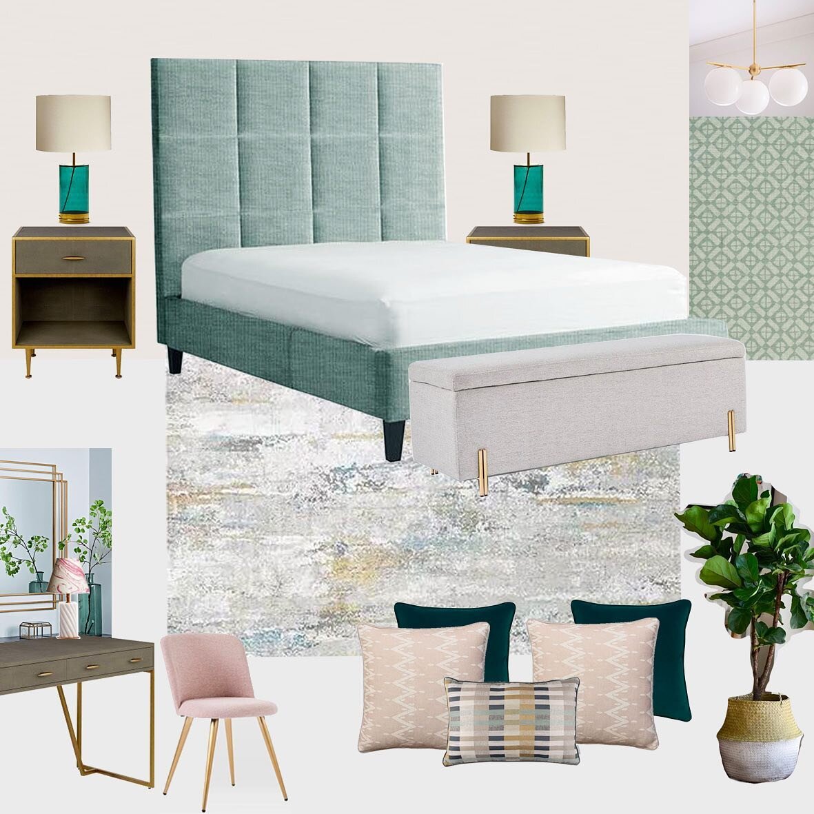 I absolutely love a calm and serene bedroom scheme, creating a space you can relax and escape to. Soft calm tones with layers of texture and pattern.

A master bedroom design for my lovely clients new build, just a few more details to finalise and it