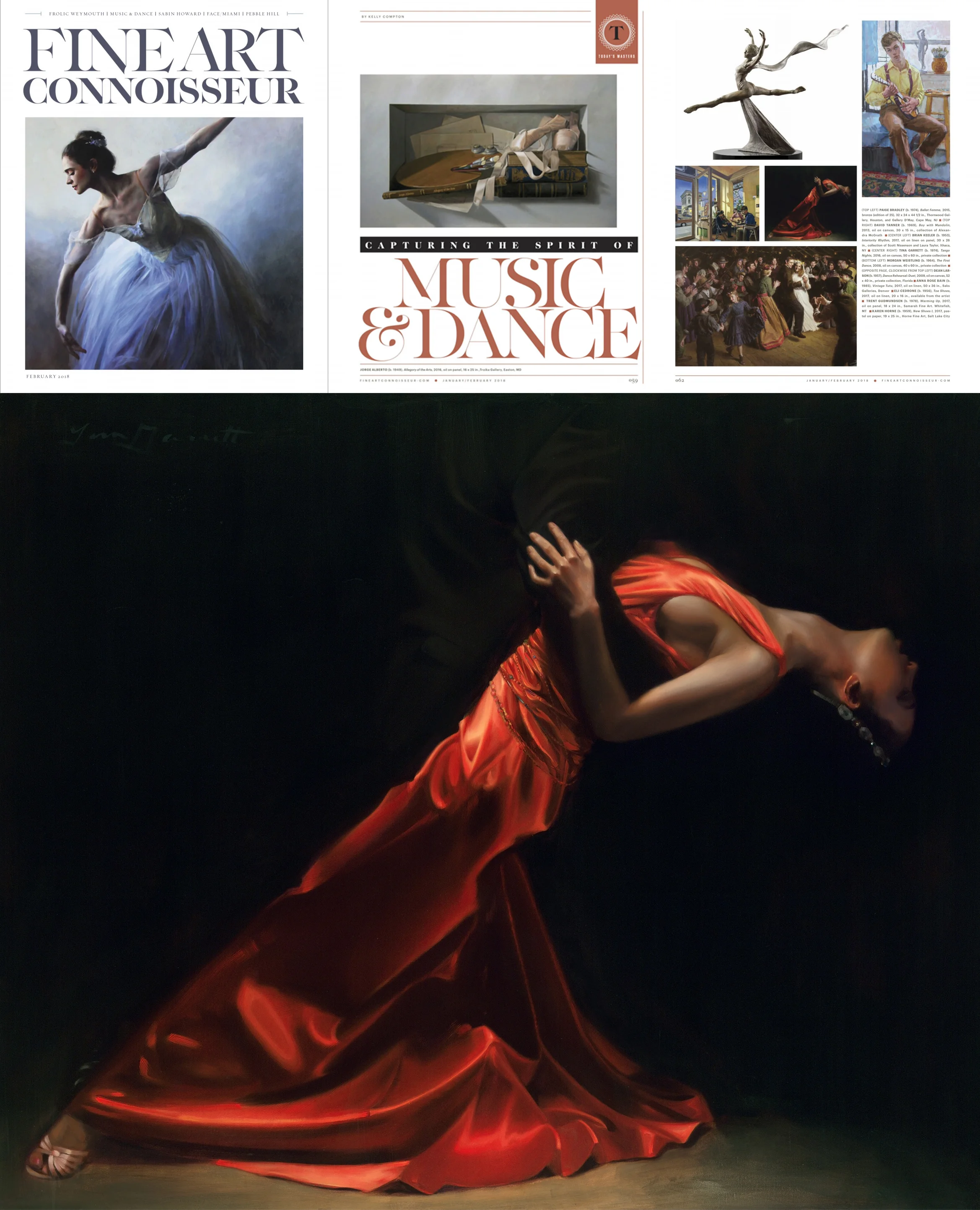 "Tango Nights" 50x60 inches, Oil, Private Collection was chosen for the "Today's Masters — Capturing the Spirit of Music & Dance" feature article in the January/February issue of Fine Art Connoisseur Magazine! Dancers have inspired most of Tina's work including Tango, Flamenco and Ballet dancers. Dancers' posture, grace, strength and athleticism makes them one of Tina's most favorite subjects. To see available paintings featuring dancers, visit Tina's Available Works Gallery .