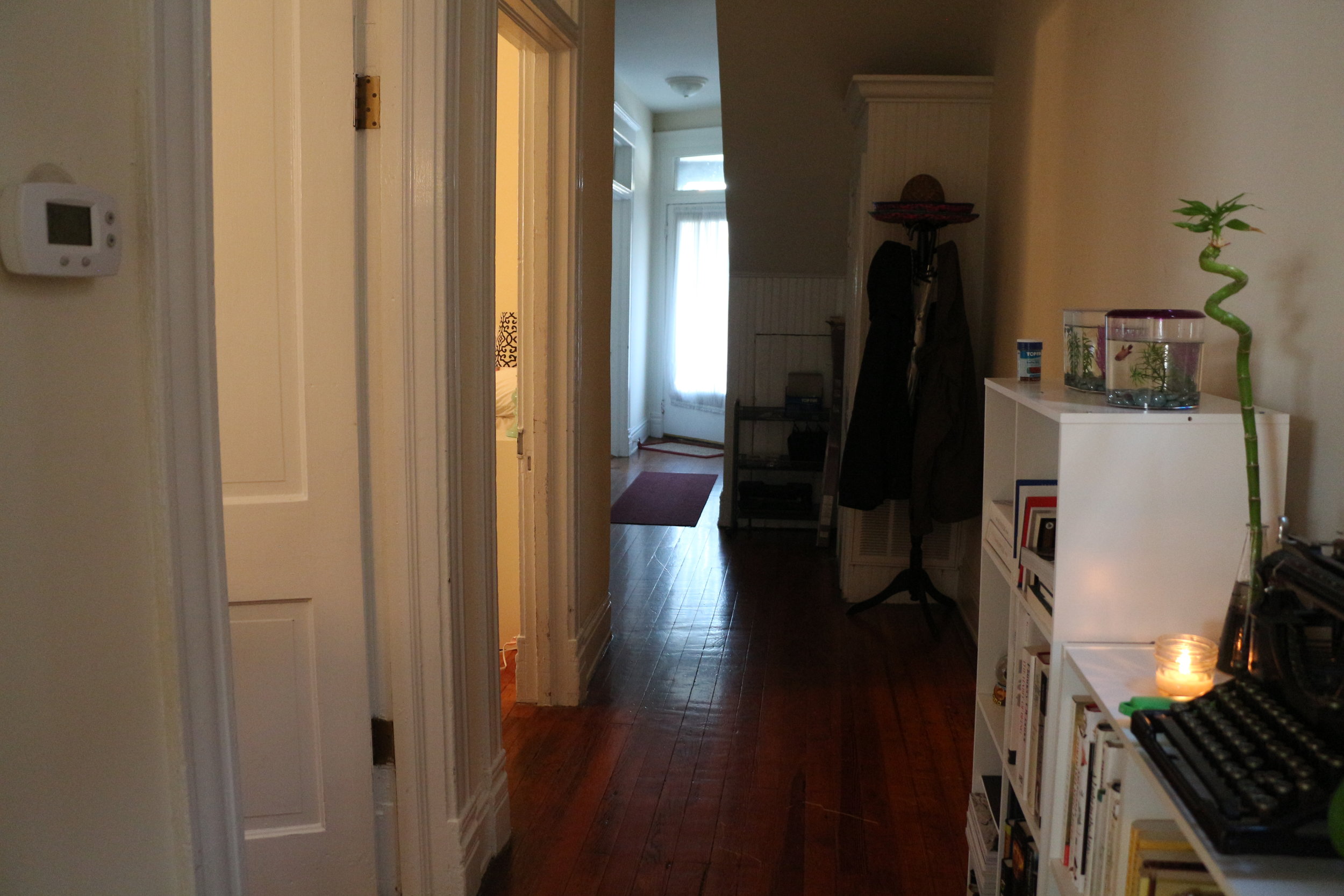 From the kitchen/bathroom end of the hallway down to the front door (my room is the first door on the left)