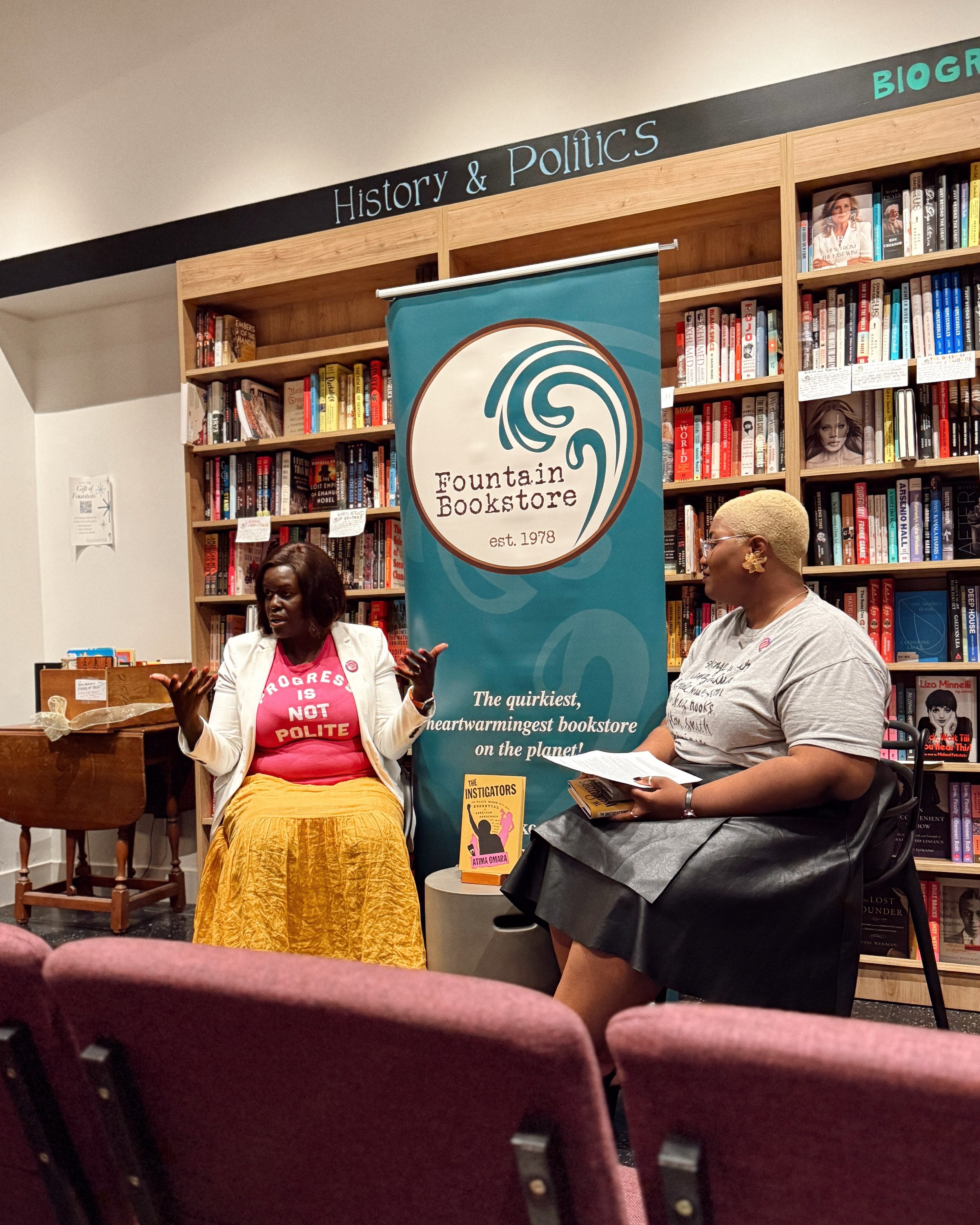 what are you willing to give up for a better world? ✊🏼

loved hearing from @atima_omara (and @ravynnkamia!) at @fountainbookstore tonight, and can&rsquo;t wait to dive into her book about these instigators. Black women have been leading the fight fo