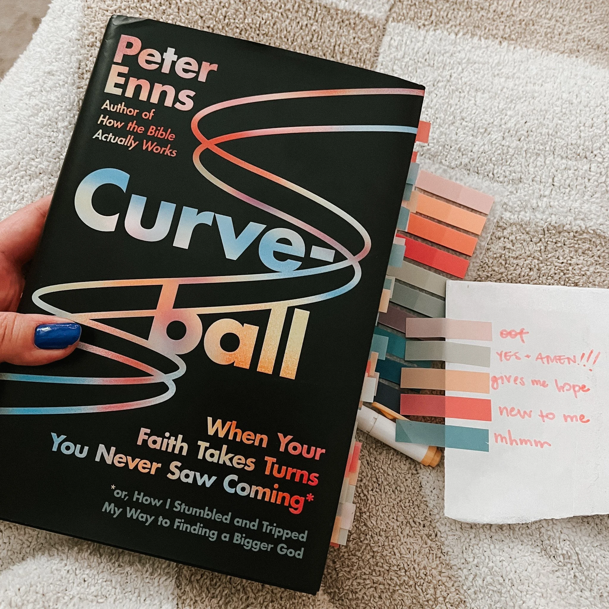 the book "curveball" by pete enns on a white and tan checkered blanket, with rainbow post-it flags and a legend of what each color represents in my annotation system