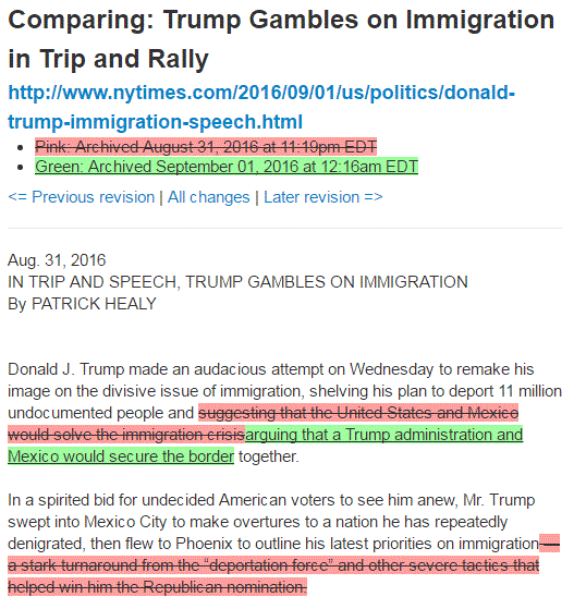 An excerpt showing how NewsDiffs documents changes made to a New York Times article within the first hour of its online publication.