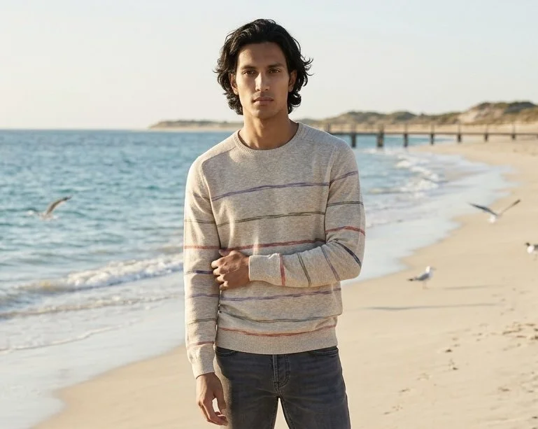 Linen Cotton space dye stripe crew