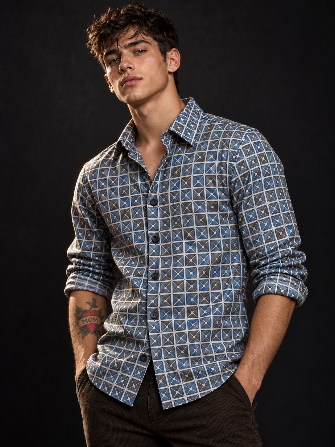 Quad Pattern Hidden Button down Shirt
