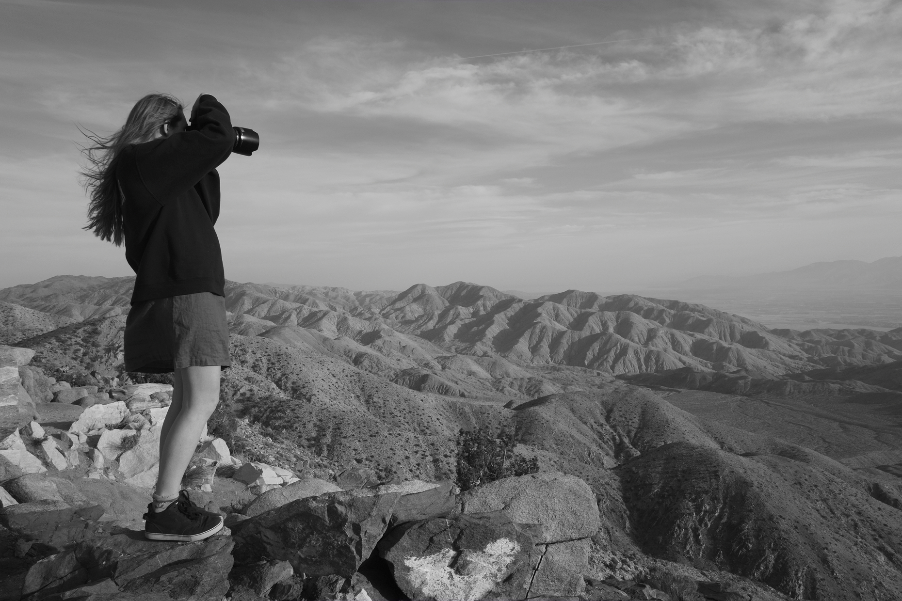 Lula photographing at Keys View Joshua Tree National Park. View of entire Coachella Valley, Palm Springs, San Andreas Fault all the way to The Salton Sea.