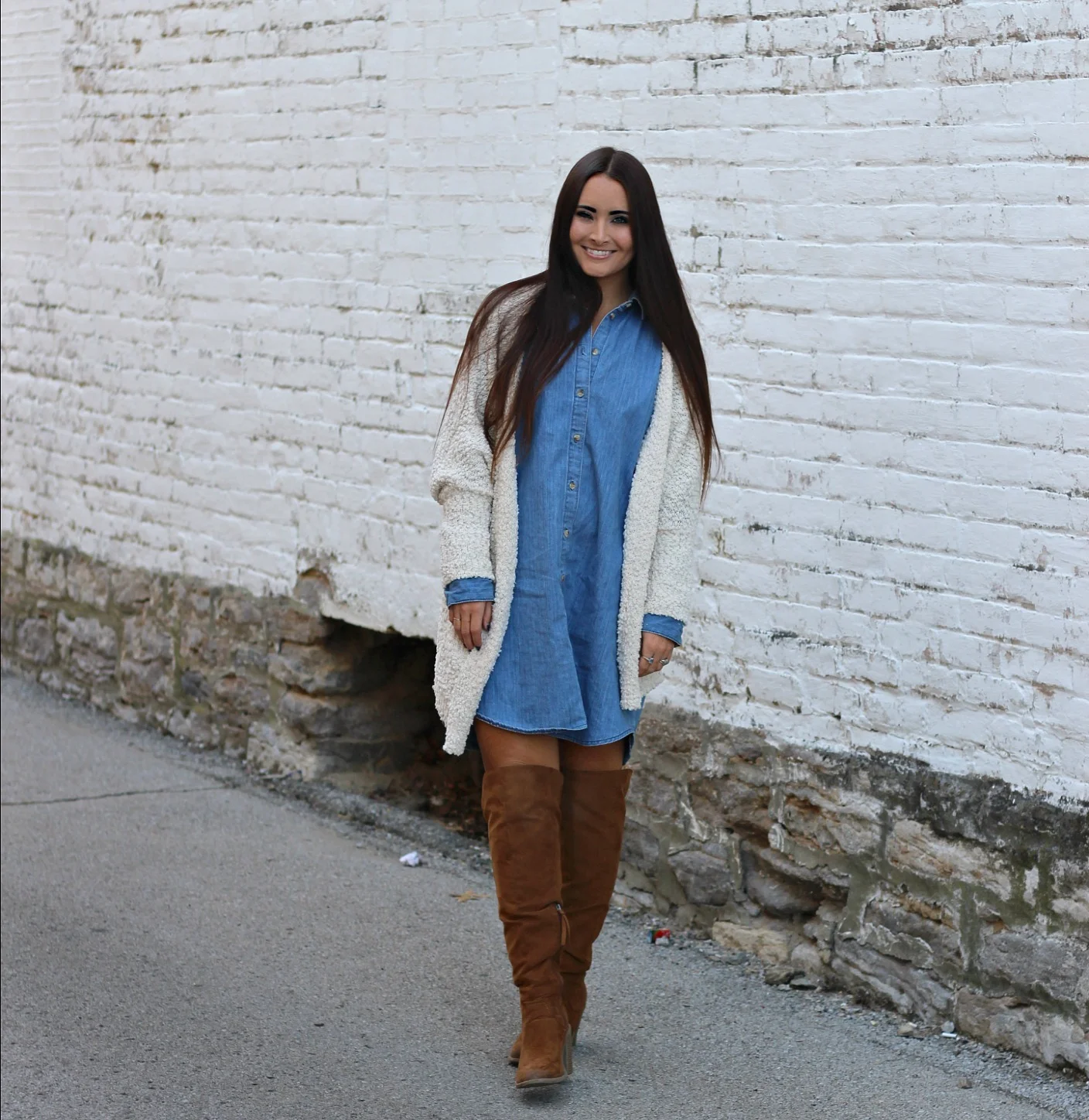 jean dress with cardigan