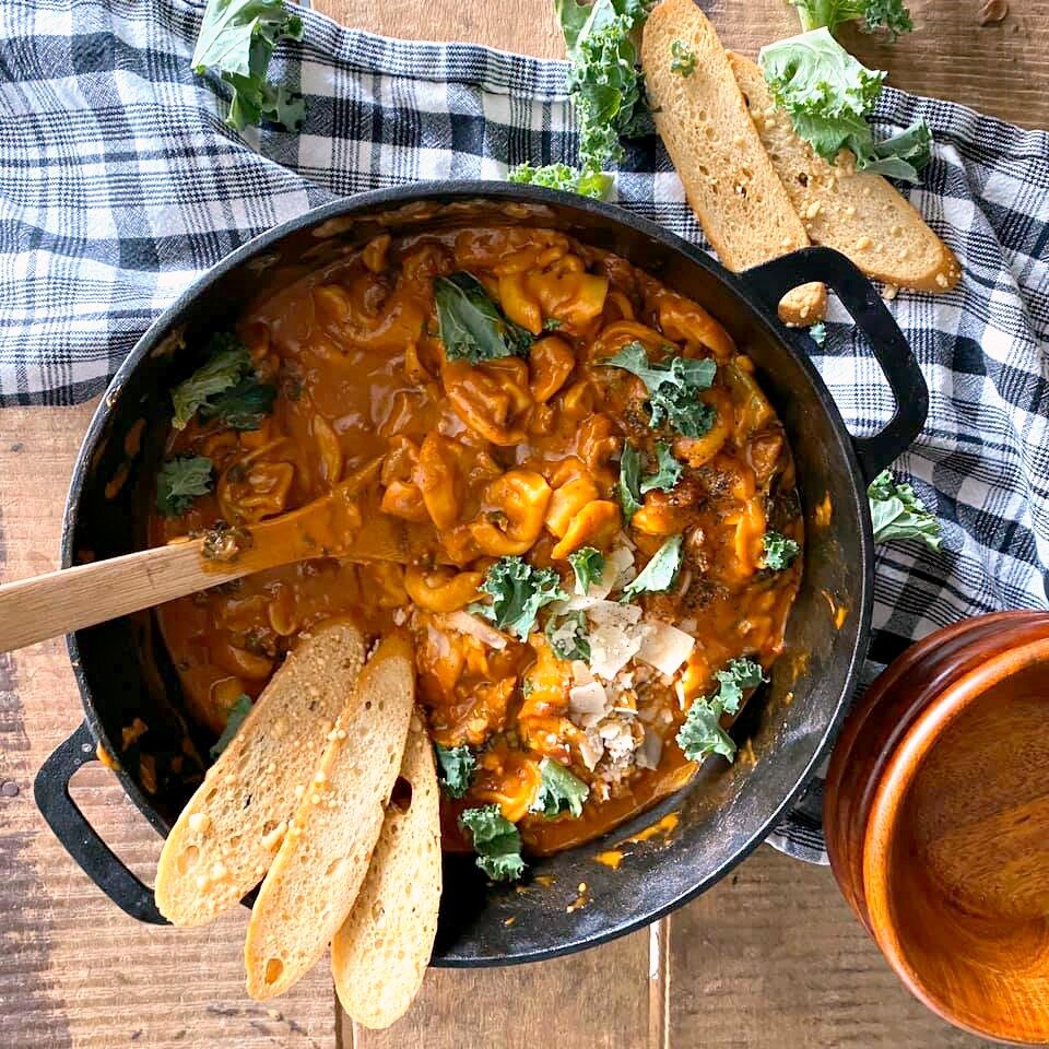 Sausage Kale Tortellini Roasted Red Pepper Tomato Soup Easy Trader Joe S Dinner Recipe Gathered Living