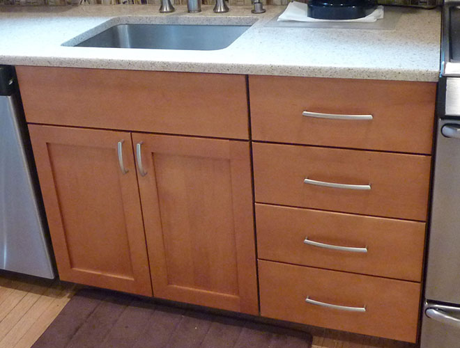Cabinets are frameless with all-plywood construction.