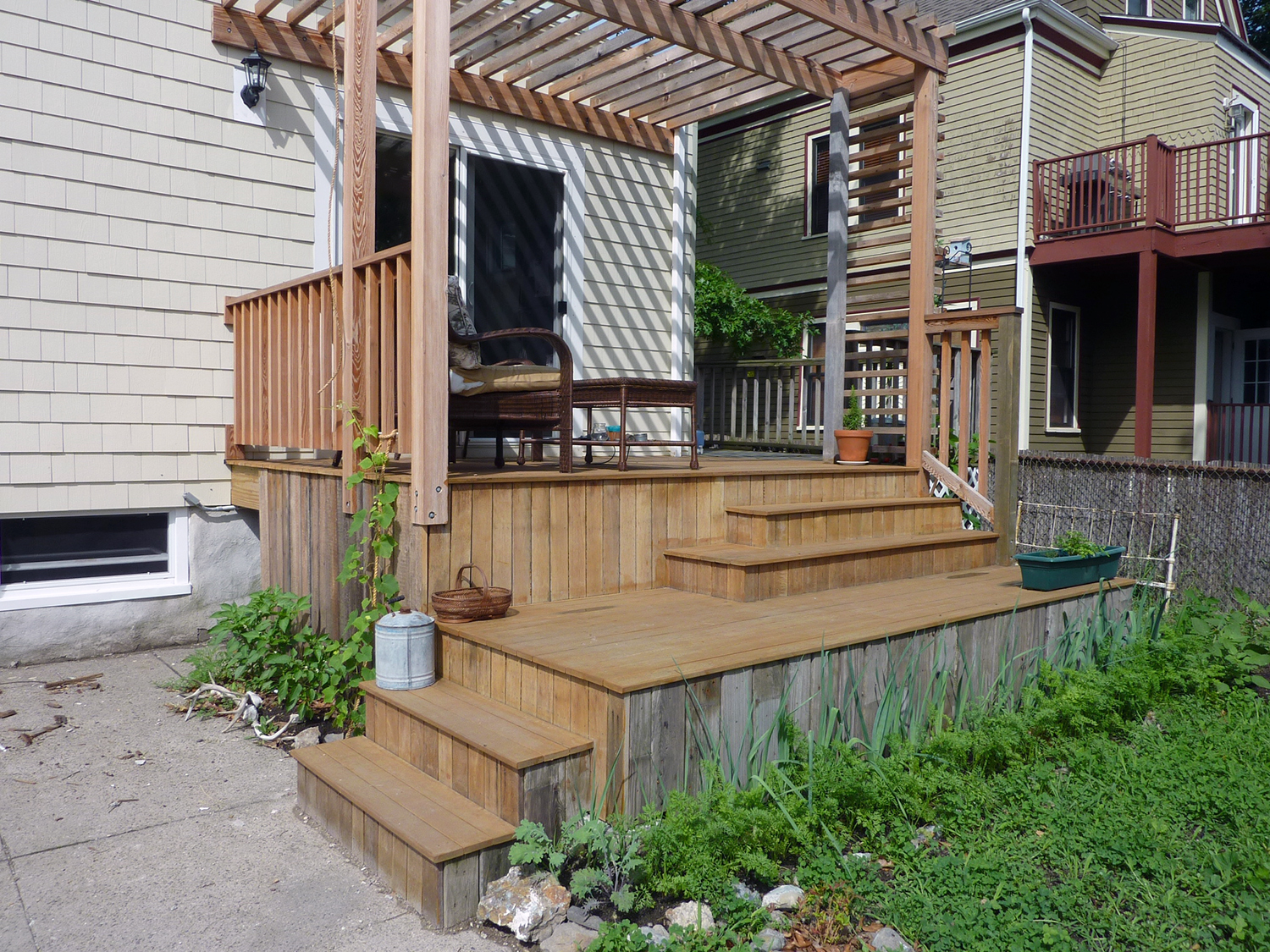 Cora's back deck is made of reclaimed lumber.