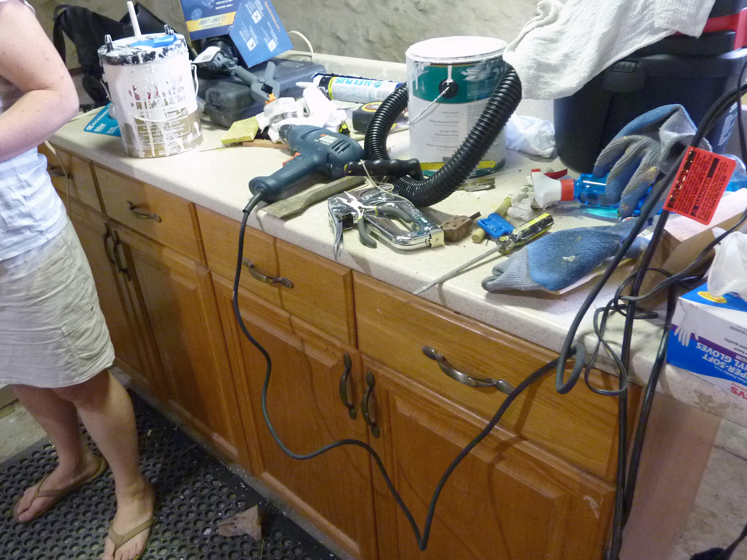 This old kitchen cabinet has become a workbench.