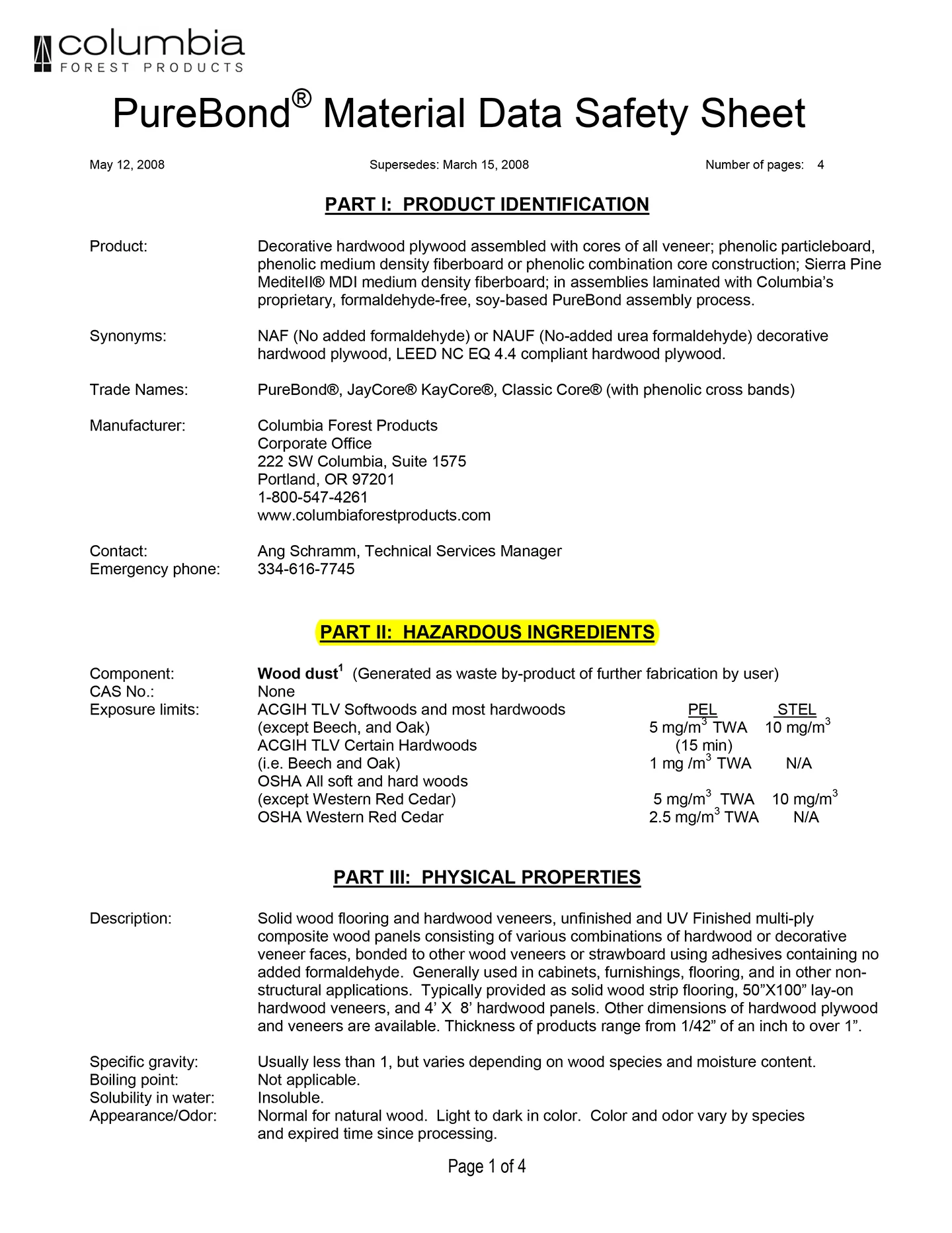 Sample MSDS for Purebond plywood