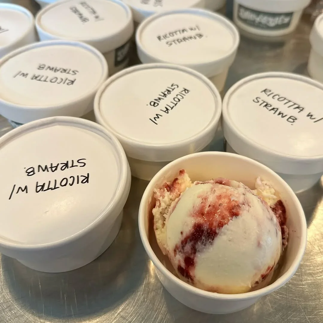 Cups of Smith & Lentz's ricotta strawberry ice cream.