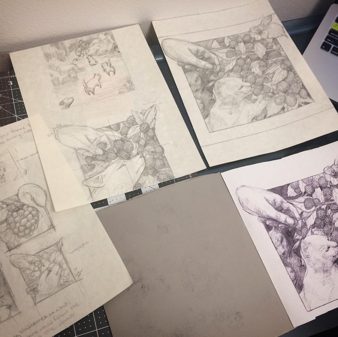 Seen here, left to right: Initial concept sketches, 2nd round sketches, and final drawing with linoleum block. Ready for drawing transfer! The darker version of the drawing seen here is a photocopy, done with a toner printer. This is important. Ink-jet printers are harder to do a transfer with. The toner can be applied to the linoleum by turning the image on it's face and coloring over the back with an alcohol based marker. The toner will loosen from the paper, and stick to the linoleum. It will also be a mirror image of your original image, which helps a lot when you're making a print with lettering. Relief prints will be a mirror image of what's drawn on the block, so by doing a transfer this way, your drawing will look like you originally drew it in the end. 