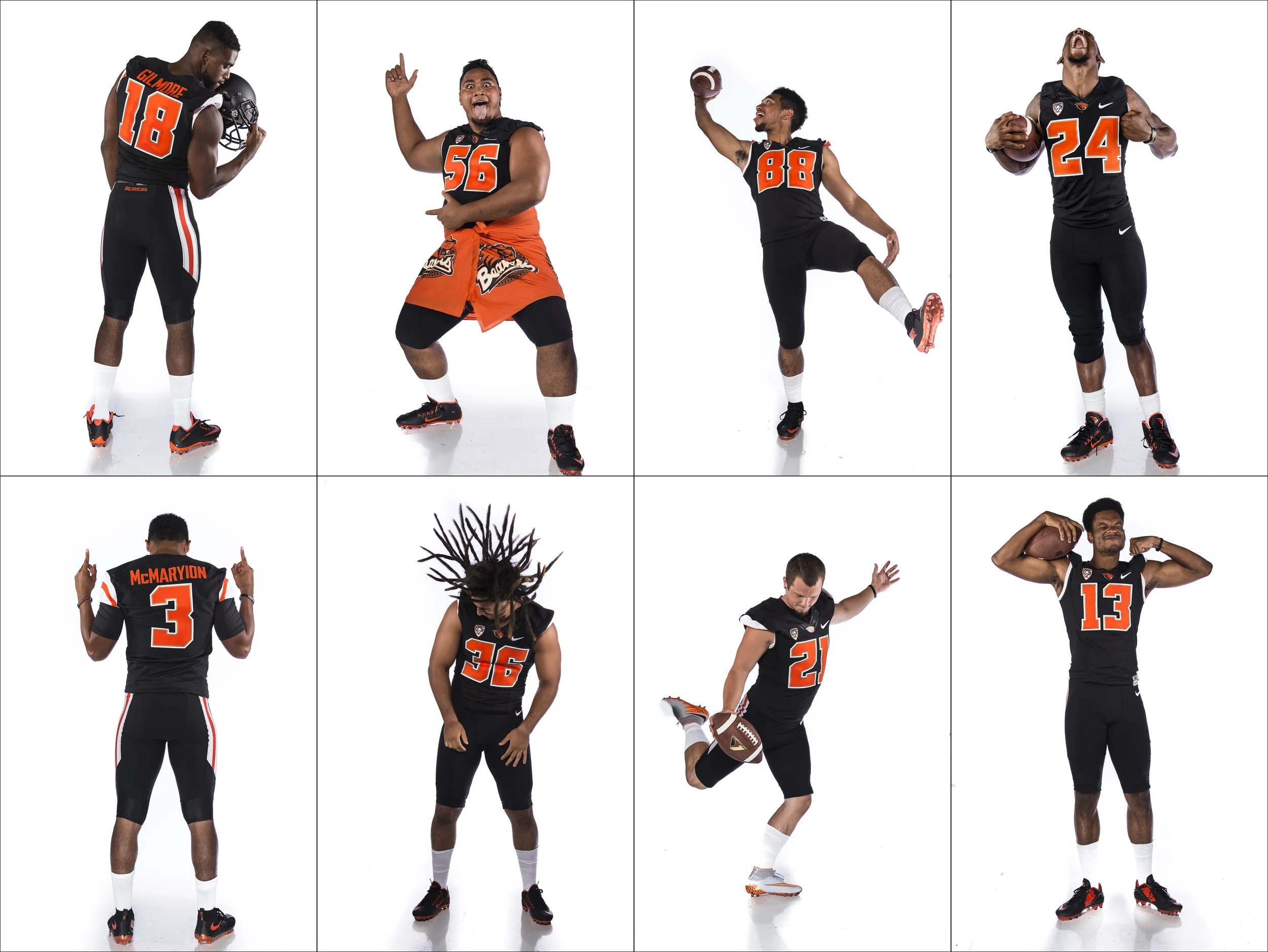 Oregon State Football players ham it up during photo shoot at Media Day. Top row L-R Malik Gilmore, Elu Aydon, Rahmel Dockery, Storm Barrs-Woods. Bottom Row L-R Marcus McMaryion, Ryan Navarro, Garrett Owens, and Jordan Villain.