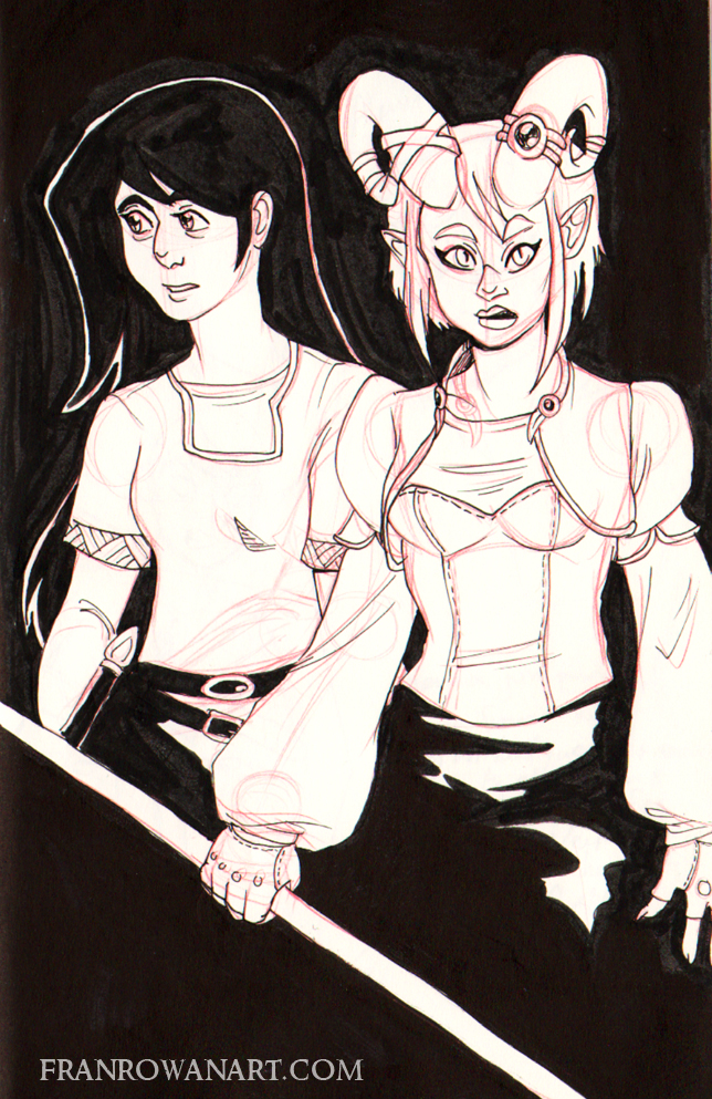 Rough ink drawing of Alencia and a still unnamed friend. She'll be involved in a whole story arc, I'm very much looking forward to it.