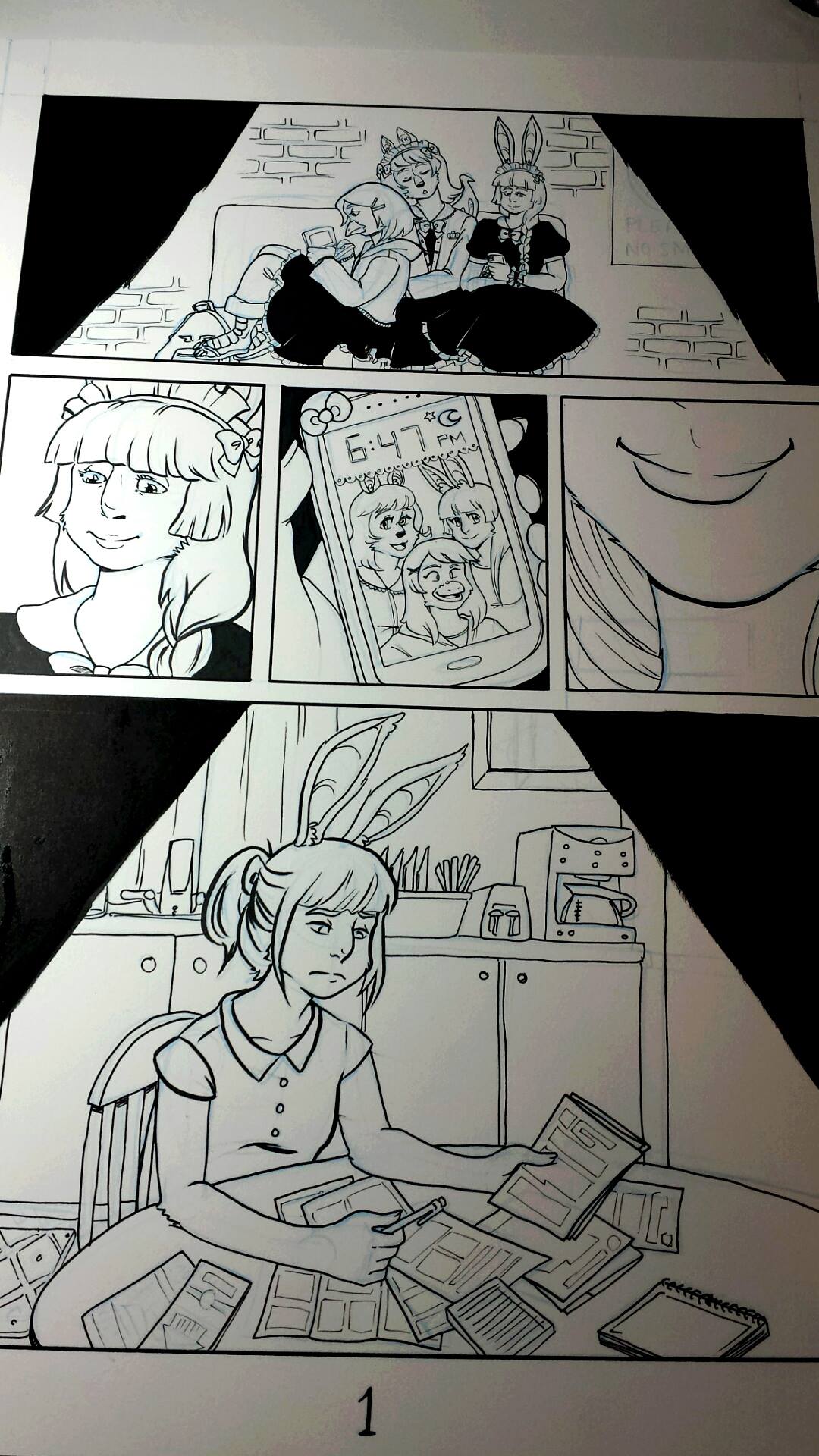 Photo of the first page right after I finished inking it (and smudging it, which will be fixed in Photoshop). I decided to use a combination of liner pens and brush pens to ink this book, rather than the watercolor brush I ink Alencia comics with. I'm also considering doing Alencia comics in color in the future if I get more comfortable with coloring.