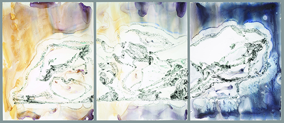 Erling Sjovold, Your Unfinished Water , 2014, watercolor, acrylic, and sand on polypropylene paper, triptych 26 x 60 inches overall