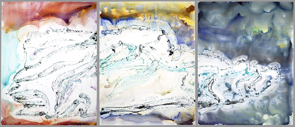 Erling Sjovold, Bloom , 2014, watercolor, acrylic, and sand on polypropylene paper, triptych 26 x 60 inches overall