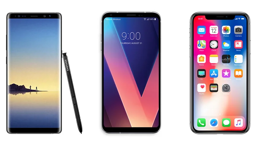 The Samsung Note 8, LG V30, and Apple iPhone X ( Source: Android Authority )