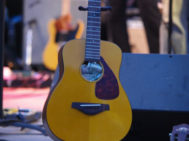 Abe's YAMAHA FG-Junior ACOUSTIC GUITAR Donation Box / Salute to the Music of Bob Dylan / The Veteran's Memorial Wolfe Park Amphitheater / St. Louis Park, Minnesota / July 27th, 2013 / Photo by Neil Schloner