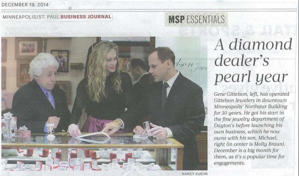  Gittelson Jewelers ( http://gittelsonjewelers.com/ )&nbsp;- Gene Gittelson, Molly Braun and Michael Gittelson / MINNEAPOLIS/ST. PAUL BUSINESS JOURNAL / DECEMBER 19, 2014 / Photo by NANCY KUEHN 